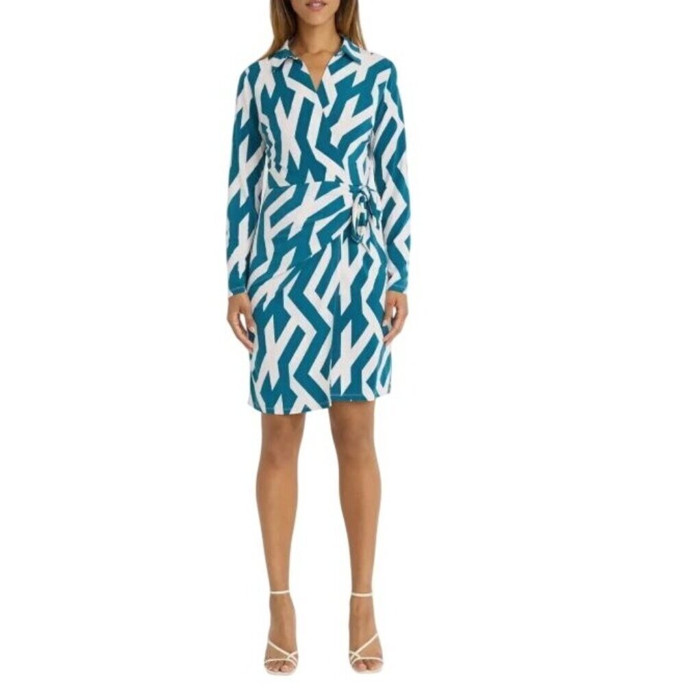 Donna Morgan Womens Teal Cream Striped Long Sleeve Wrap Shirt Dress Sz 10 New